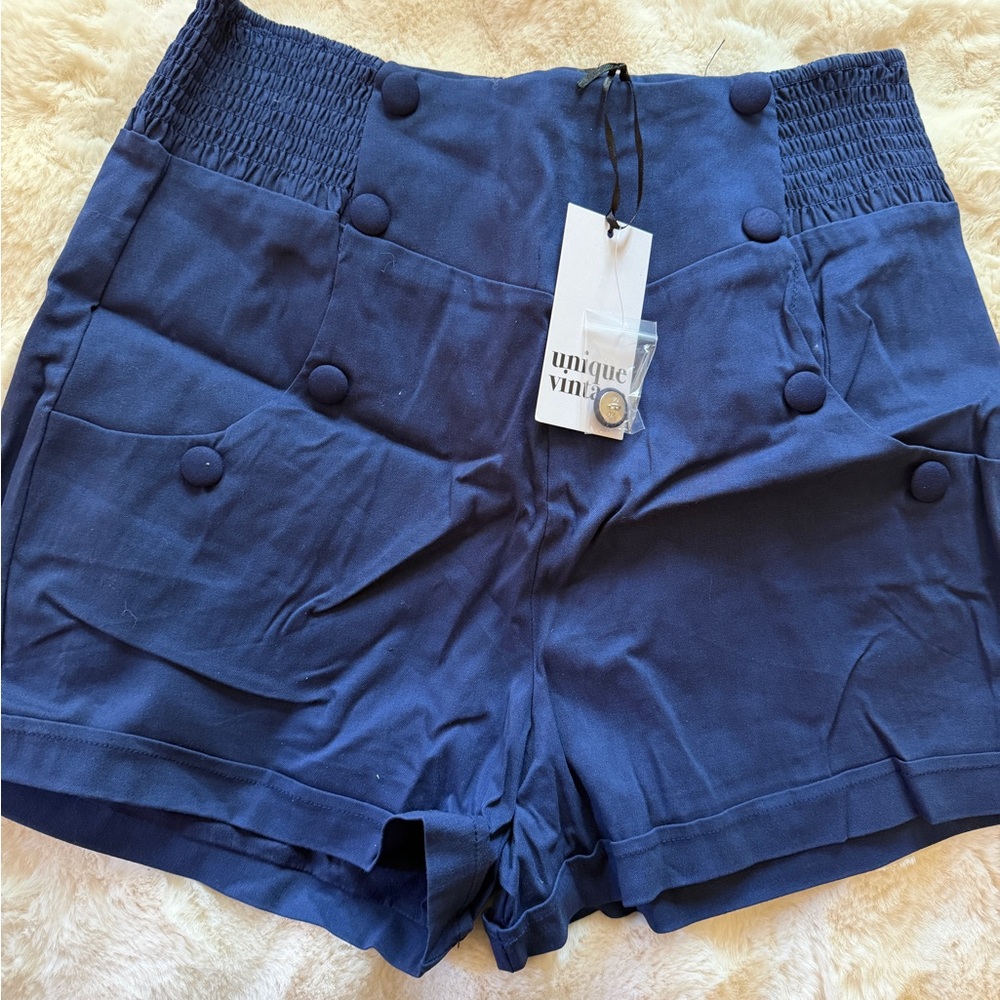 Unique Vintage Navy High-Waist Sailor Button Shorts